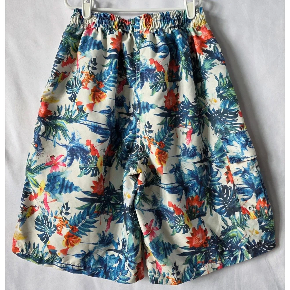 Rejork Mens Floral Tropical Swim Trunks Cargo Pocket Mesh Lining Blue Orange M